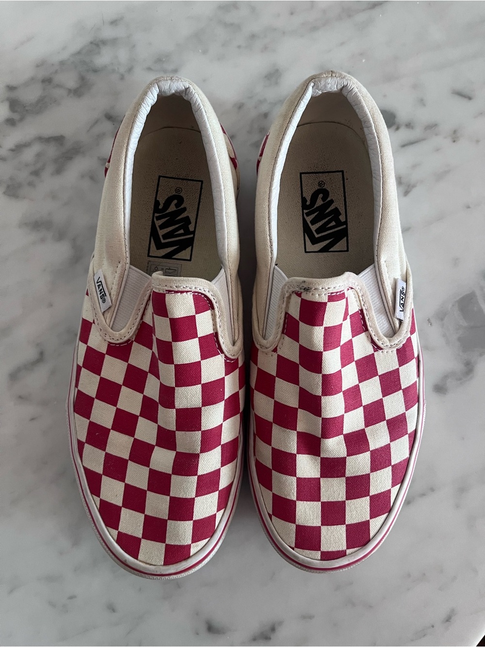 Vans Classic Slip-On Red & Cream Checkerboard Sneakers, Size 7 Women